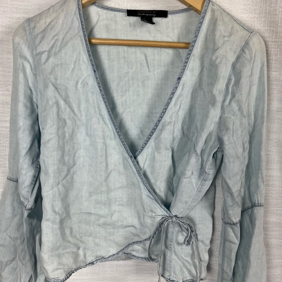 Y2K Vintage Coquette Wrap Shirt Cropped Long Sleeve Denim Dainty Balletcore Smal - Picture 3 of 6